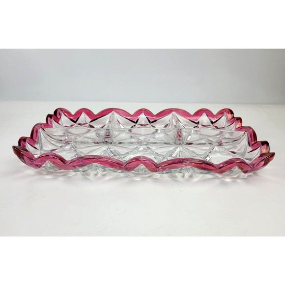 Vintage Tiffin Williamsburg Cranberry and Clear Pressed Glass 4 Part Relish Tray - Picture 3 of 12